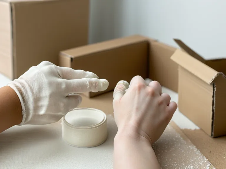 Mano aplicando gesso sobre un trozo de cartón reciclado con una brocha plana.
