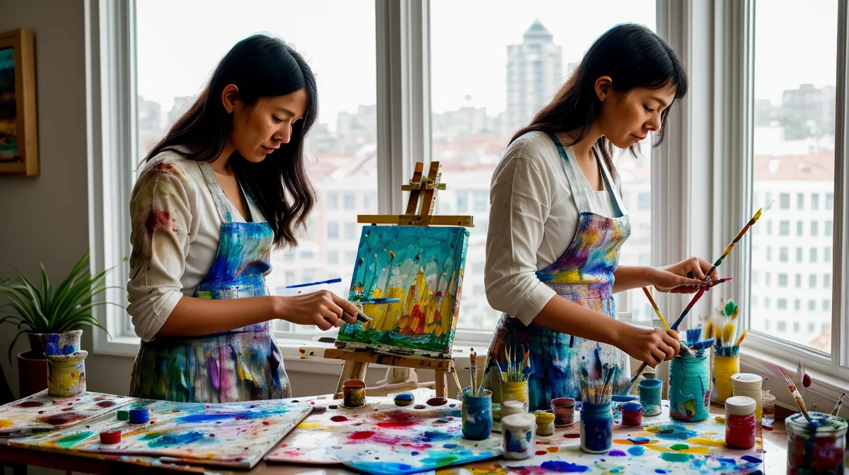 Cómo aprender pintura técnica mixta en casa: capas de acuarela y acrílico secándose sobre la mesa