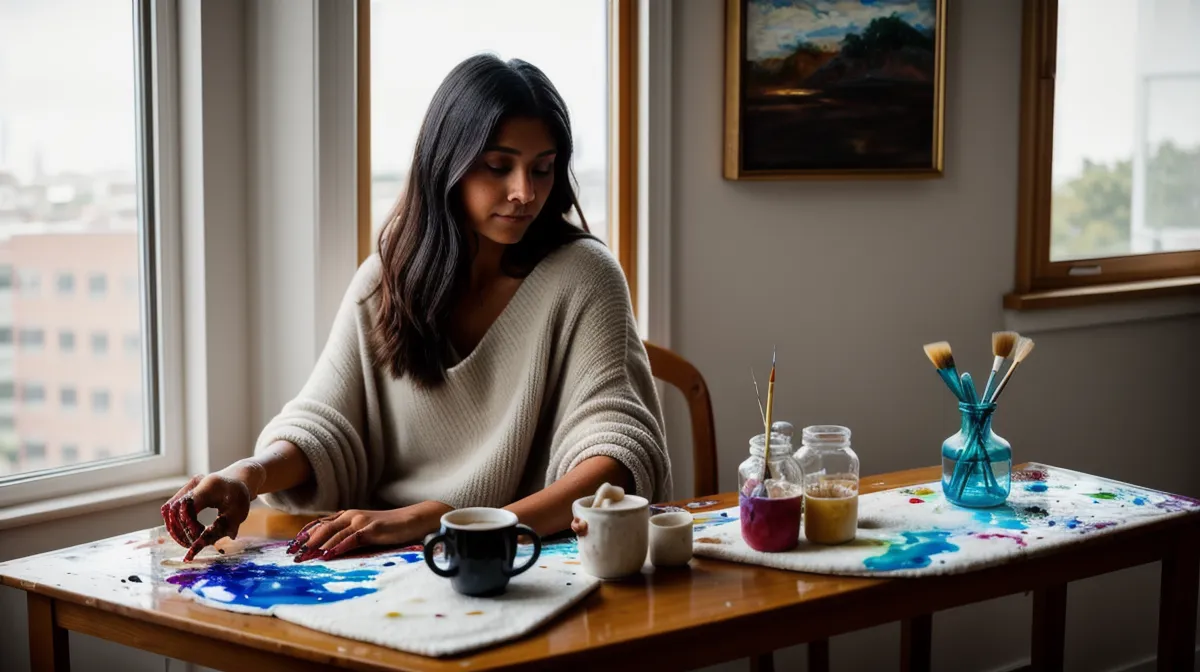Frasco de médium y paleta de acrílico, ritual de técnica mixta para encontrar paz mental después del trabajo
