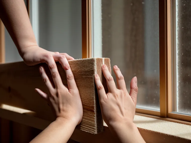 Manos lijando una tabla de madera de 15mm con lija de grano medio.