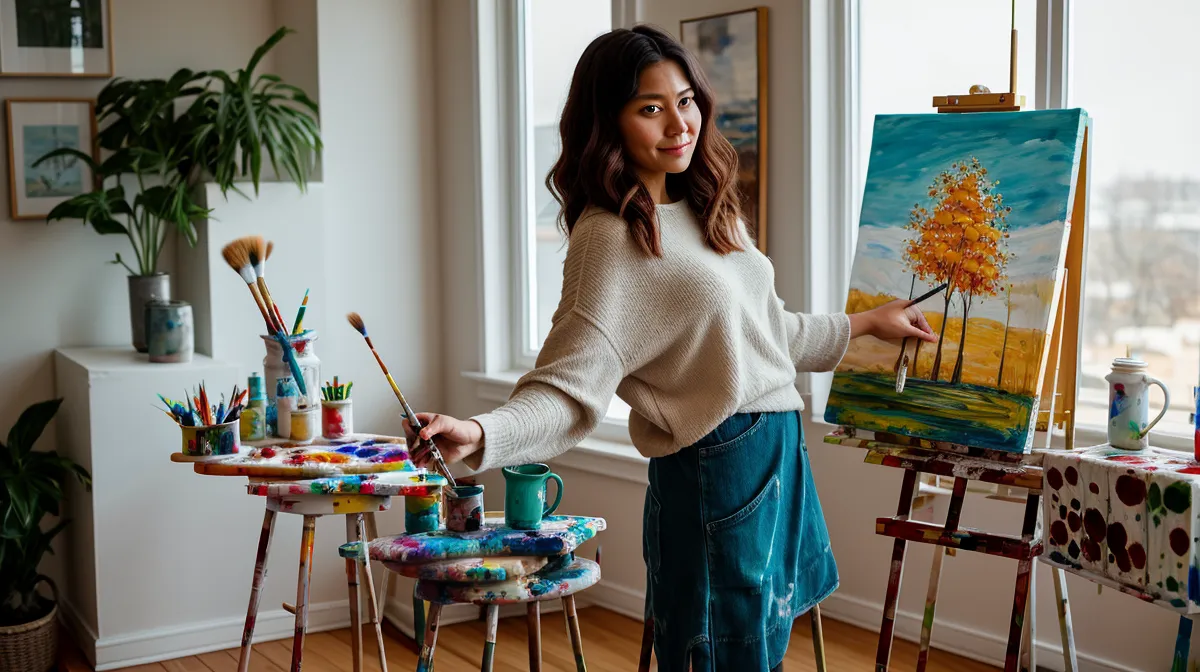Cómo pintar un jardín primaveral con acrílicos y técnica mixta: boceto de hojas y flores en capas de color sobre papel grueso.