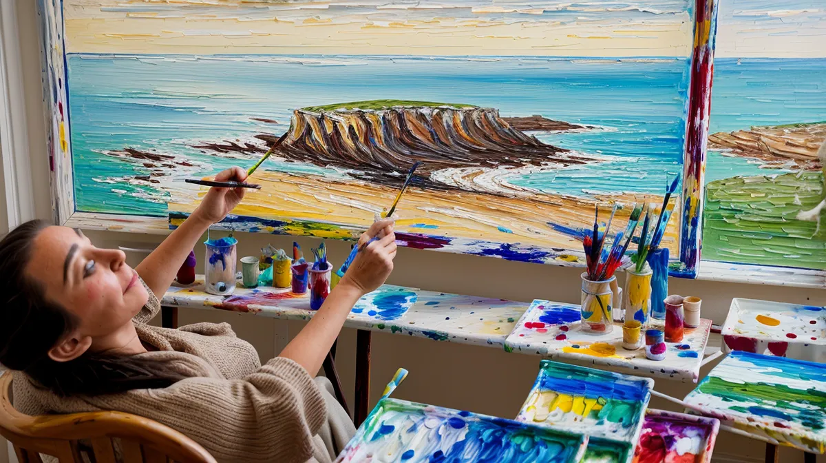 Marina pintada con espátula y capas de pintura 3D para crear relieve en el lienzo