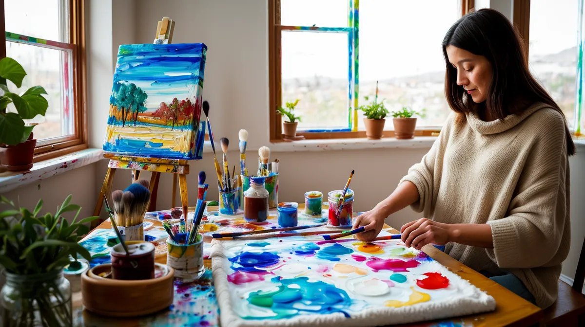 Pintura técnica mixta en casa: capas de acrílico y acuarela sobre papel grueso, un proyecto de creatividad para principiantes