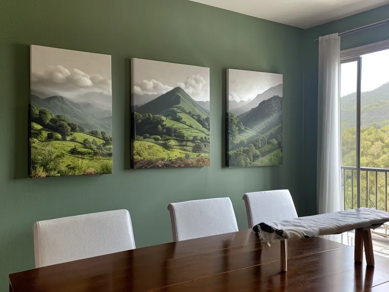 Lienzos con relieve secándose sobre la mesa del comedor, ventilación clave en pintura con espátula 3D
