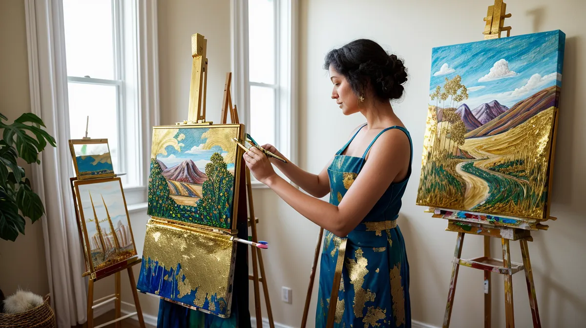 Técnicas de pan de oro para iluminar paisajes dorados en pintura acrílica y técnica mixta